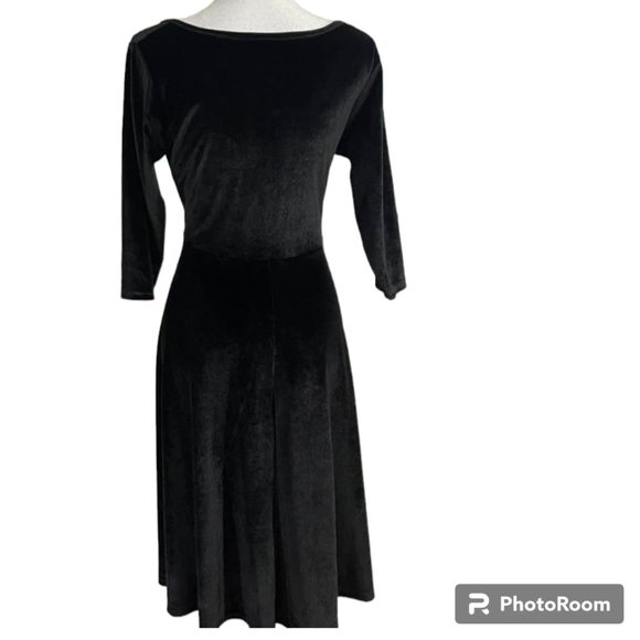 Velvet Midi Black Dress Holiday Event Minimalist - M - Picture 1 of 11